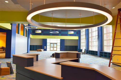 inside view of media center showing decorative ceiling fixture